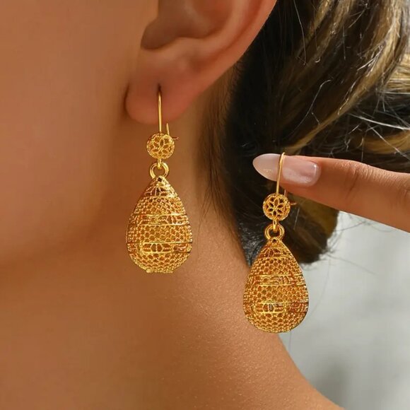 14K Gold Chunky Round Ball Womens Earrings Ladies Hanging Drop